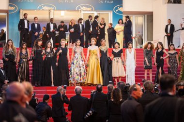 CANNES, FRANCE - MAY 12, 2018: Emmanuelle Bercot, Eva Husson, Golshifteh Farahani and Didar Domehri attending screening of 'Girls Of The Sun (Les Filles Du Soleil)' during the 71st annual Cannes Film Festival clipart