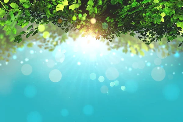 3D leaves on a blue sky background with bokeh lights — Stock Photo, Image