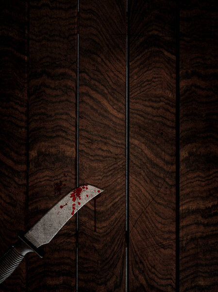 3D bloody knife on wooden table