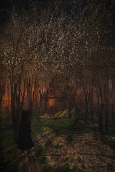 3d 的女性形象，通过森林走到一座城堡 — 图库照片