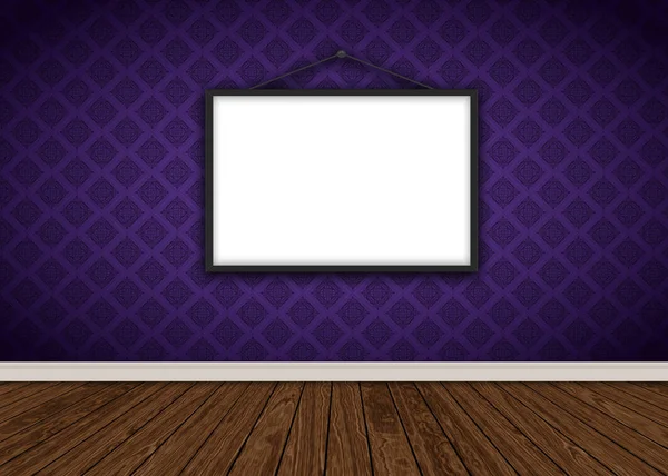 Interiér s fialové damaškové tapetu s prázdnou fotorámeček — Stock fotografie