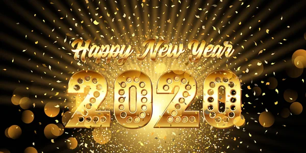 Felice anno nuovo banner con testo metallico in oro con coriandoli — Vettoriale Stock