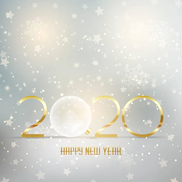 Frohes neues Jahr Hintergrund mit goldenen Schriftzug und Christbaumkugel — Stockvektor