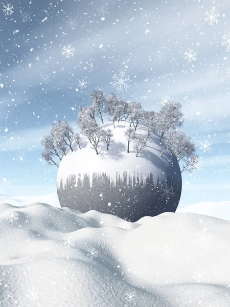 3D paisagem de inverno com globo nevado aninhado na neve — Fotografia de Stock