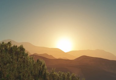 Gün batımına karşı 3D ağaç ve dağ manzarası