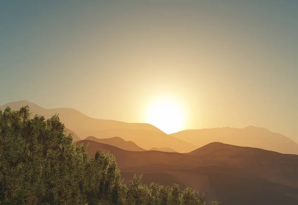 3D дерево і гірський пейзаж на фоні заходу сонця — стокове фото