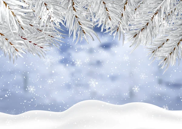 Fundo de Natal com neve de inverno e galhos de árvore —  Vetores de Stock