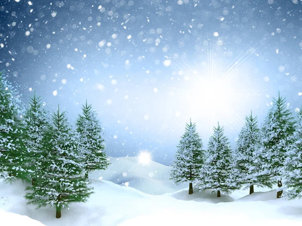 3D Christmas landscape background with falling snow — ストック写真