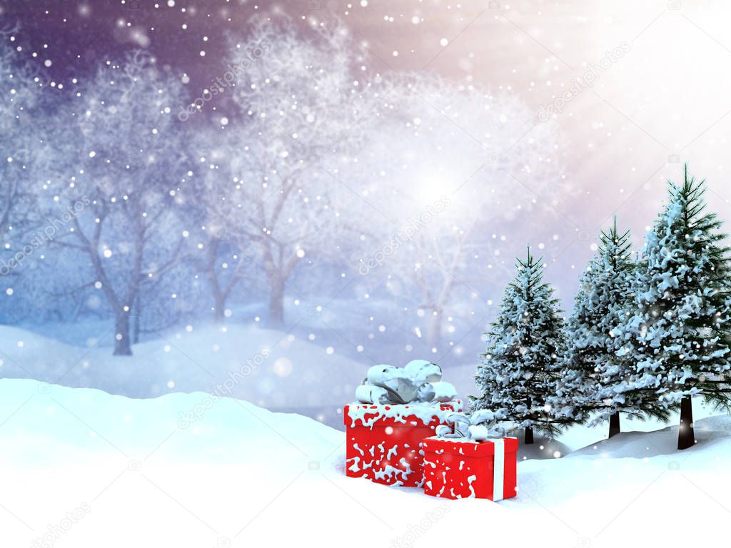 3D winter landscape with presents nestled in snow