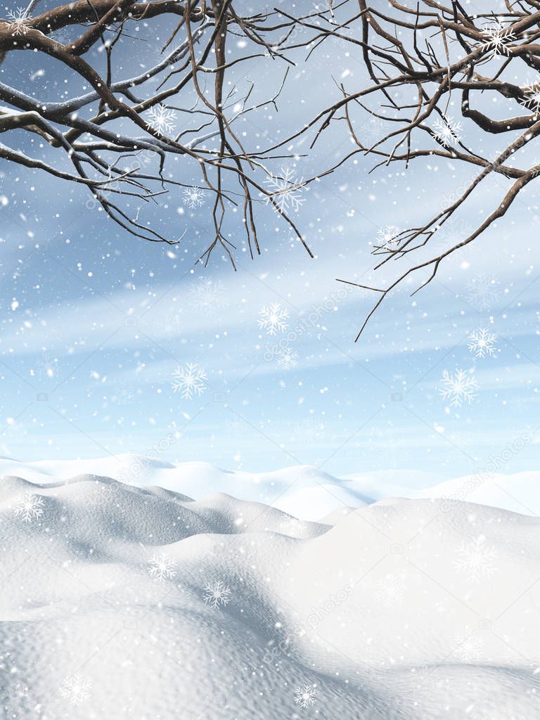 3D winter landscape with snowy trees