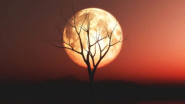 Paesaggio 3D con vecchio albero contro un cielo rosso chiaro di luna — Foto Stock