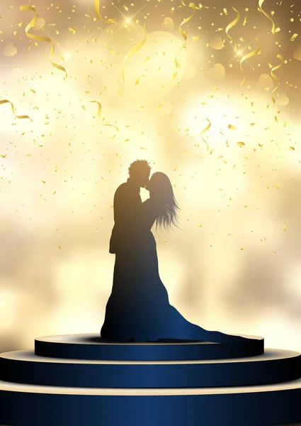 Silhouette di una sposa e uno sposo su un podio illuminato con confett — Vettoriale Stock