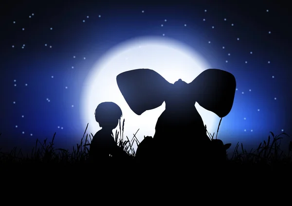 สีลูเอทของเด็กชายและช้าง silhouetted กับกลางคืน sk — ภาพเวกเตอร์สต็อก