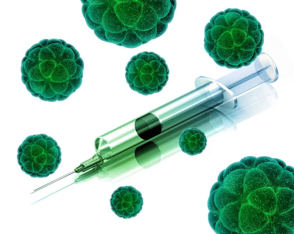 抽象的なウイルス細胞と注射器を持つ3D医学的背景 — ストック写真