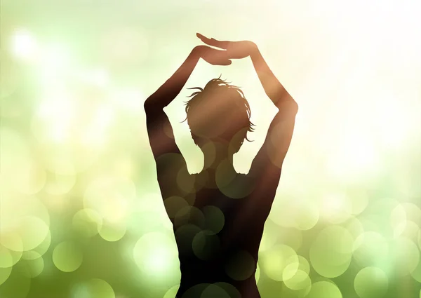 Female in yoga pose against bokeh lights background — 图库矢量图片