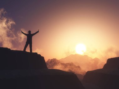 3D male figure with arms raised stood on mountain against sunset