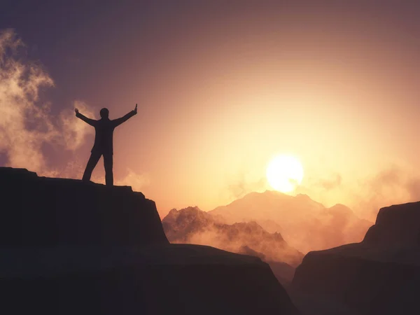 3D male figure with arms raised stood on mountain against sunset — Stok fotoğraf