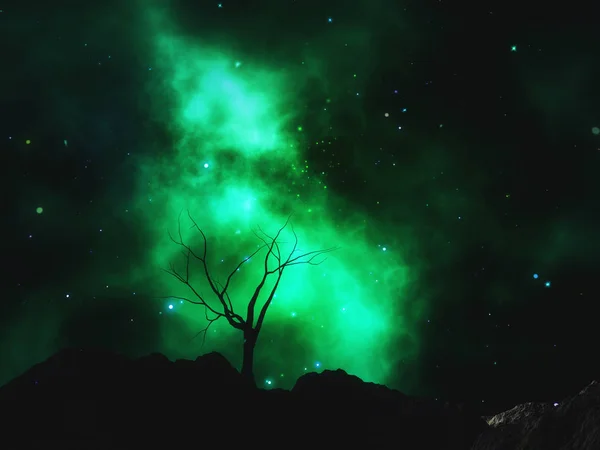 Representación Paisaje Con Árbol Rechoncho Contra Una Nebulosa Cielo Espacial — Foto de Stock