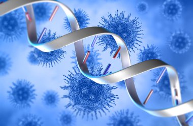 Virüs hücreleri ve DNA iplikçikli bir tıbbi görüntünün 3 boyutlu görüntüsü