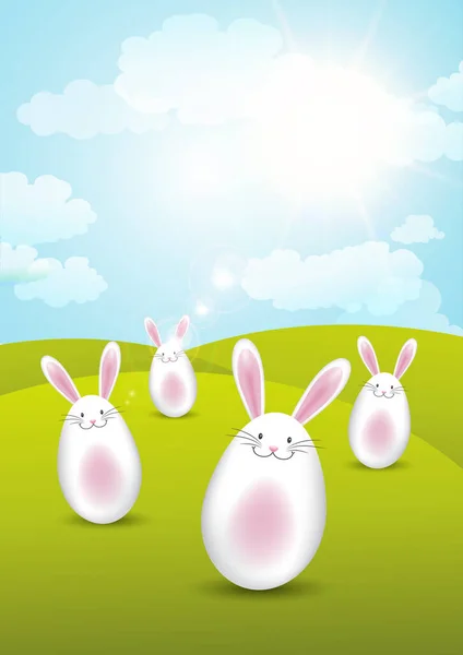 Cute Easter Bunnies Sunny Landscape — Stock Vector