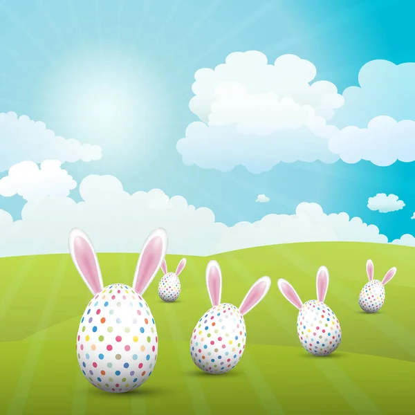 Carino Uova Pasqua Con Orecchie Coniglio Paesaggio Soleggiato — Vettoriale Stock