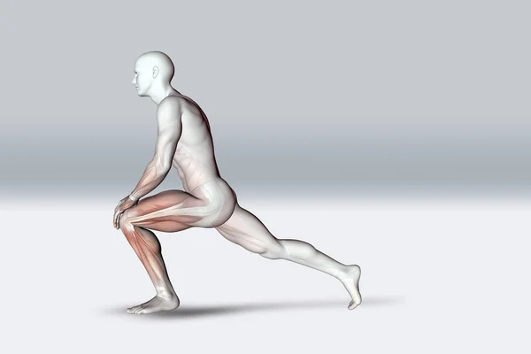Återgivning Manlig Figur Stretching Pose Hålla Knä Och Visar Muskler — Stockfoto