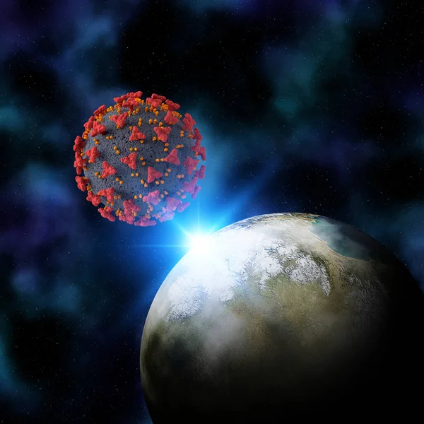 Weergave Van Een Fictieve Ruimteachtergrond Met Aarde Coronale Viruscel — Stockfoto