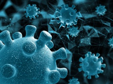 Virüs hücrelerinin kapatıldığı soyut bir tıbbi geçmişin 3 boyutlu canlandırması