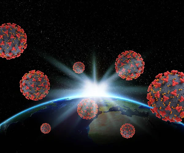 3D render of the Earth with Corona virus cells circling it - elements of this image furnished by NASA