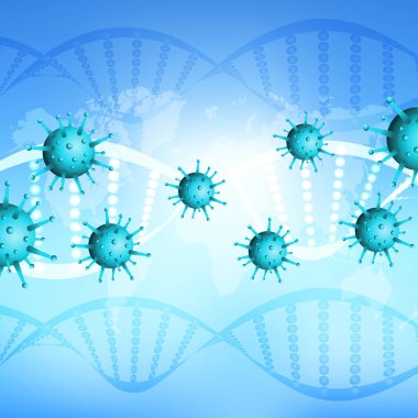 Dünya haritası olan tıbbi bir geçmiş, covid 19 hücre ve DNA iplikleri.