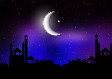 Ramazan Kareem 'in arka planında camilerin siluetleri ile ay ve gece gökyüzüne karşı