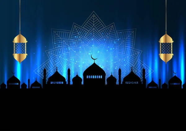 Ramadán Kareem Fondo Con Siluetas Mezquita Linternas Colgantes — Vector de stock