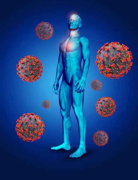 3D render of a medical background with male figure and Covid 19 virus cells