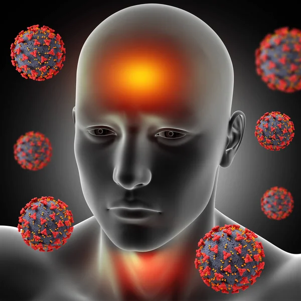 Render Male Medical Figure Fever Sore Throat Covid Virus Cells — Stock Photo, Image