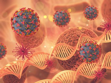 Covid 19 virüs hücresi ve DNA iplikçikli bir tıbbi geçmişin 3 boyutlu canlandırması