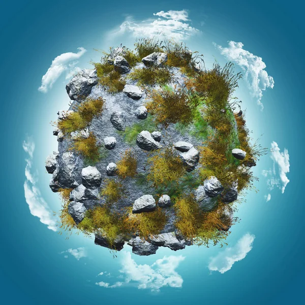 Render Globe Rocks Grasses Blue Sky Clouds — Stock Photo, Image