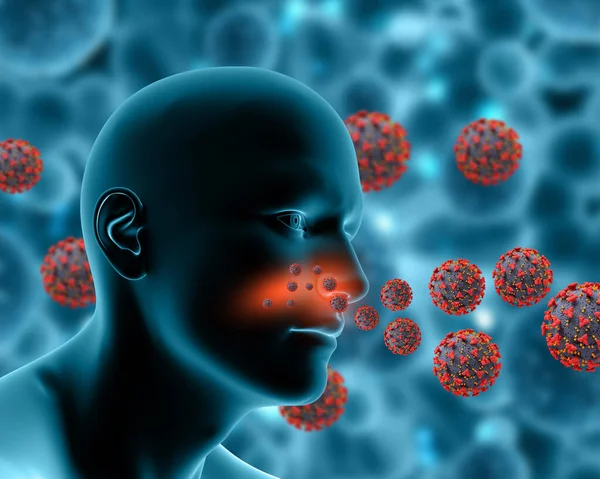 Рендеринг Медичного Фону Показує Клітини Вірусу Ковид Інфікують Чоловічу Фігуру — стокове фото