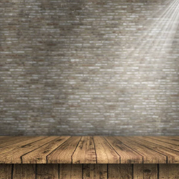 Рендеринг Деревянного Стола Против Разряженной Текстуры Кирпичной Стены — стоковое фото