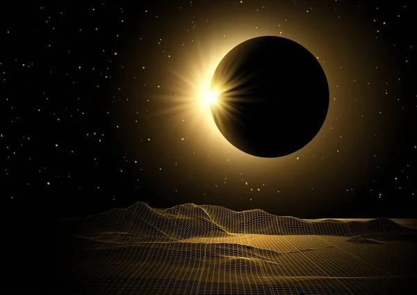 Science Fiction Wireframe Landscape Solar Eclipse Design — Stock Vector
