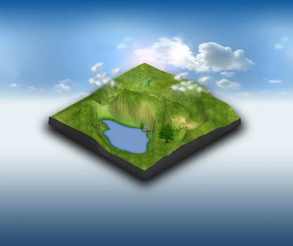 Render Landscape Terrain Pond Blue Sky — Stock Photo, Image