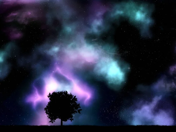 Render Tree Silhouettes Space Sky Nebula Stars — Stock Photo, Image