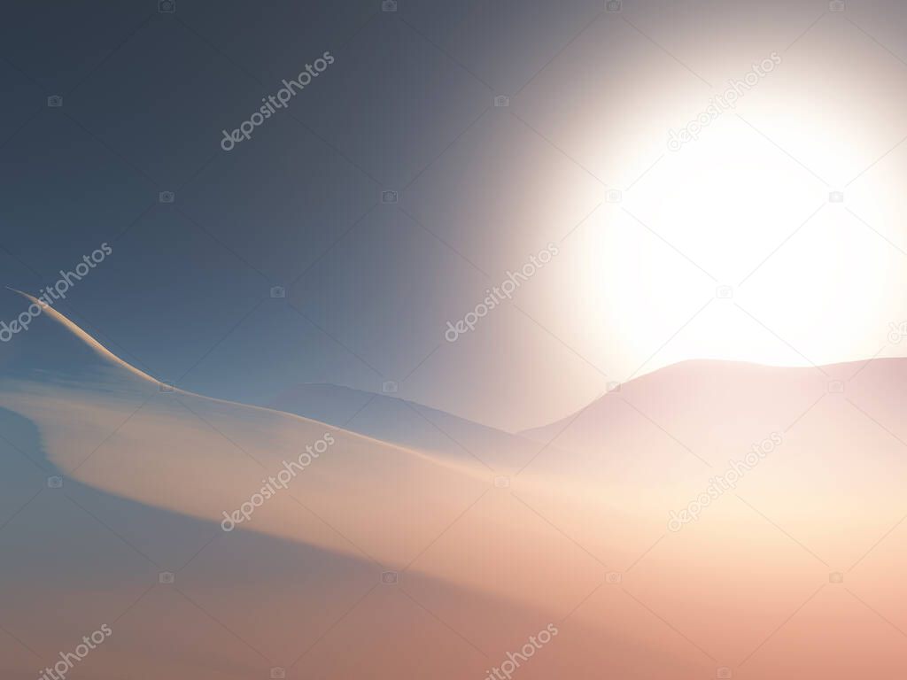 3D render of a landscape of a hazy desert scene at sunset