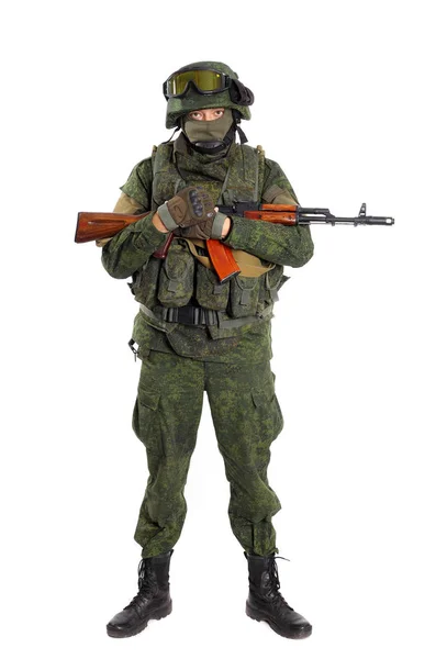 Russische soldaat met geweer op een witte achtergrond Stockfoto
