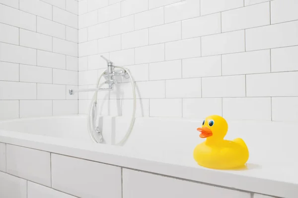 Pato amarillo en el baño en el fondo de la ducha — Foto de Stock
