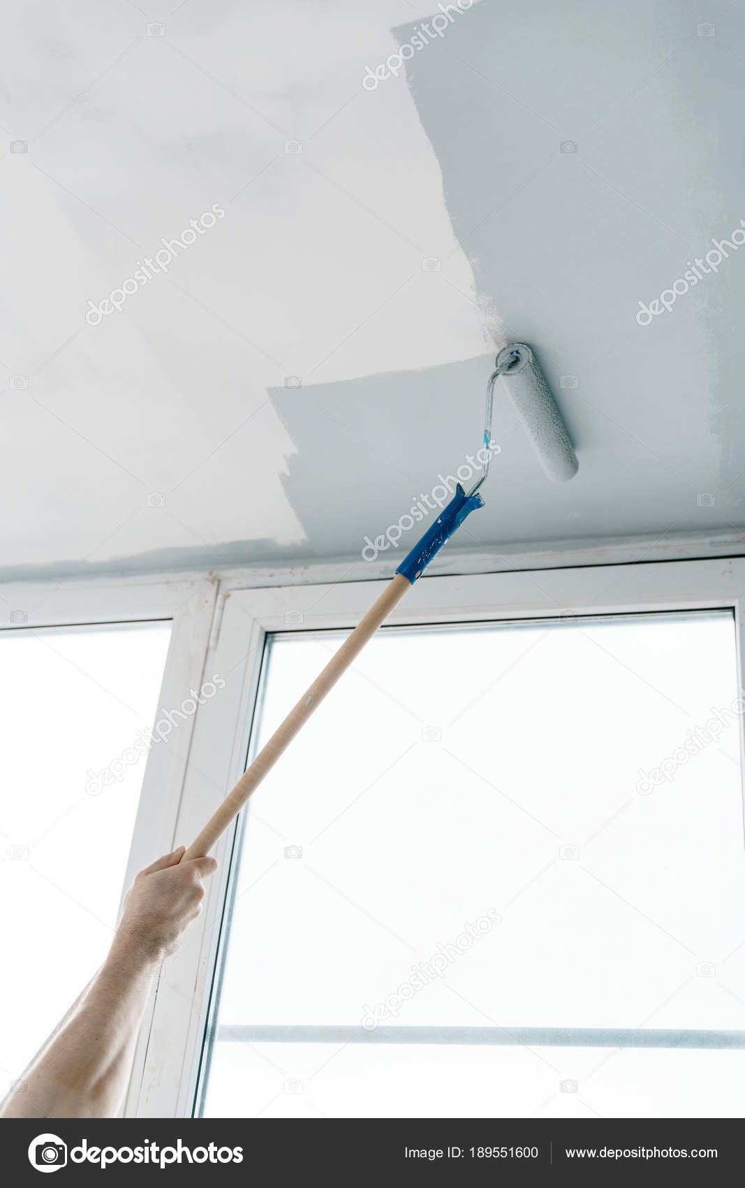 Hands Man Paint Roller Work Painting Ceiling Gray Balcony House