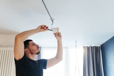 man with a screwdriver and pliers in his hands is engaged in repairing a lamp on the ceiling in his house. repair and improvement. clipart