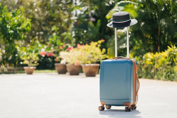 large suitcase stands on the street against a background of tropical greenery and palm trees. The concept of a summer vacation.