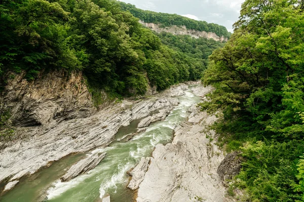 Ağaçlarla dolu güzel bir yaz manzarası ve azgın bir nehir..