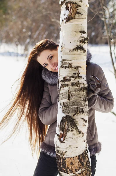 Portrait of a beautiful woman walking in winter forest — Stock Photo, Image