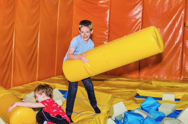 Two Contented Boys Fight Soft Pillows Children Playroom — Stock Photo, Image